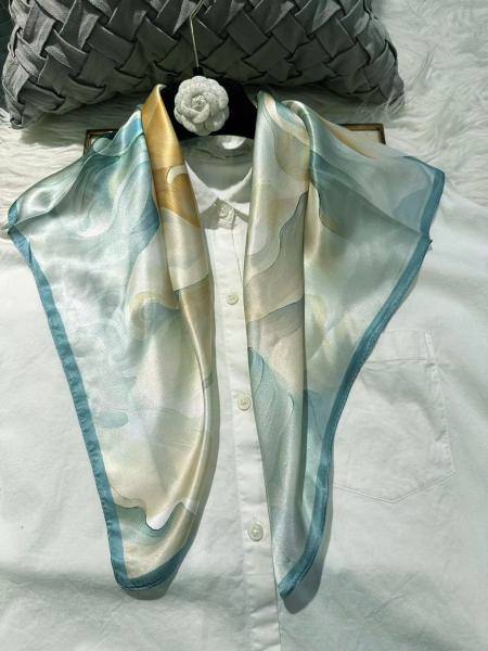 Foulard Shawl Silk Satin Flower Braun Blue White